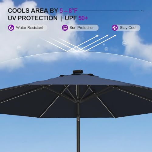PURPLE LEAF 9' Round Patio Umbrella with Solar LED Outdoor Table Umbrella Aluminum Frame Market Umbrella with 8 Sturdy Ribs & Tilt for Garden Deck Lawn Pool Navy Blue — view 6