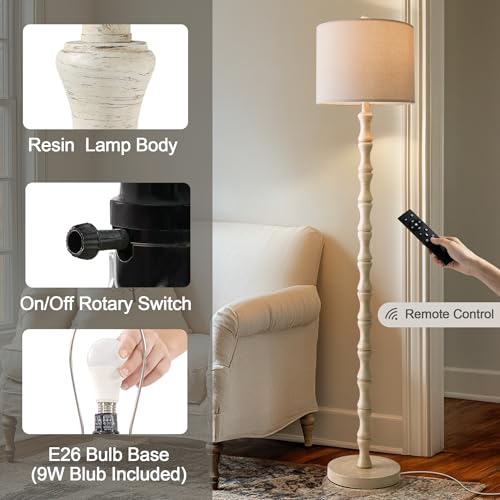 Image of BOBOMOMO 62 inch Rustic Farmhouse Floor Lamp Antique White with Remote & Dimmable 9W Bulb, 3 Color Temperatures Resin Standing Lamp, Retro Tall Lamp for Living Room, Bedroom, Nursery, Office, Reading Nook