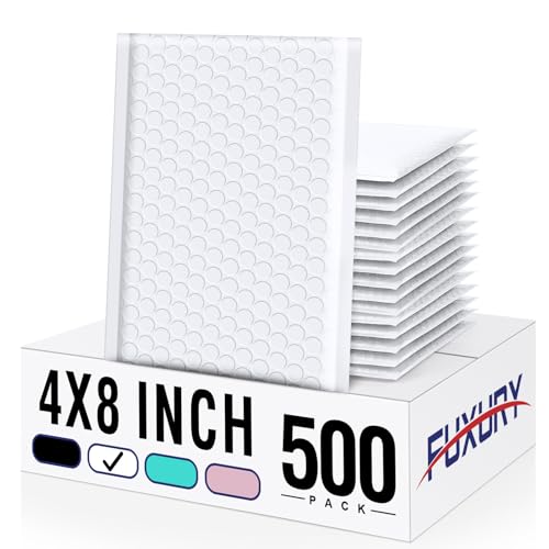 Image of Fuxury Bubble Mailers 4x8 inch 500 Pack Wihte Self Seal Padded Envelopes Bulk | Usable Size 4x7 inch Bubble Mailing Envelopes Opaque Padded Mailers Shipping Bags for Mailing Jewelry Makeup Small Business