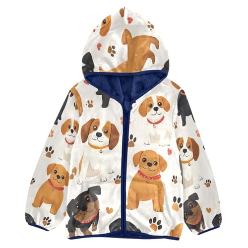 Cute Puppy Pattern Prints Toddler Fleece Jacket Girl Boys Hooded Fleece Jacket Coat Warm Outwear Zip-up 3-10T