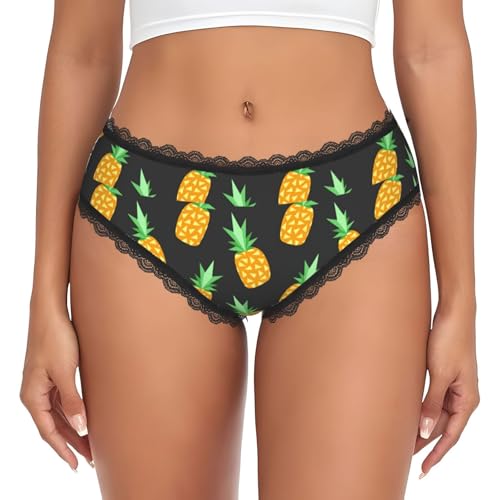 LMNvbz Pineapple. Bragas estampadas con encaje para mujer, suaves, transpirables, de cobertura completa, elásticos, para un uso diario cómodo, Negro, M
