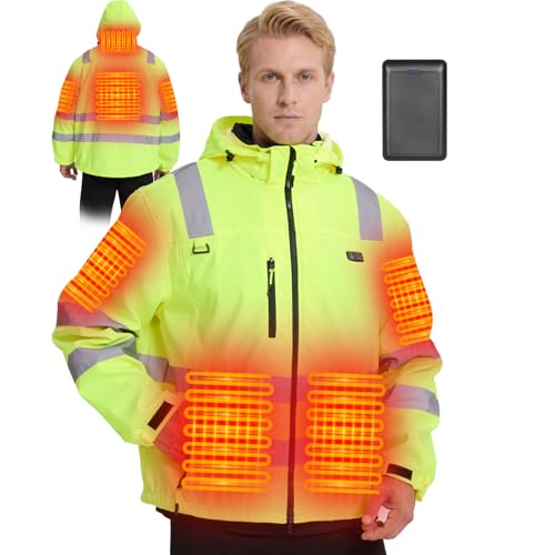 Chaqueta Polar Alta Visibilidad Calentada 4 en 1 para Hombre, Chaqueta de Soldadura Ligera - Batería de 16000 mAh Chaqueta Softshell de Advertencia con 6 Zonas de Calefacción incl Reflectores