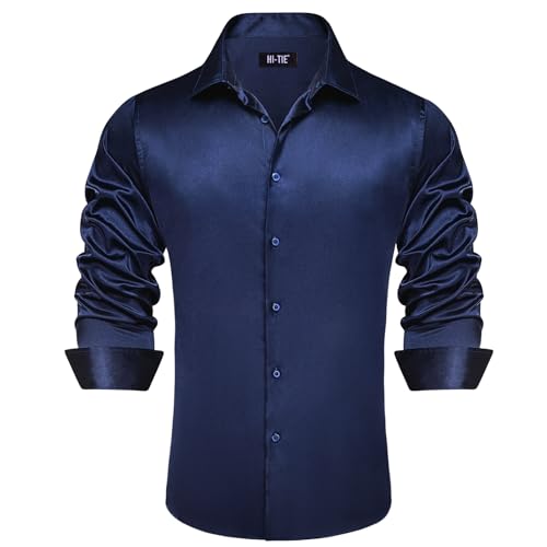 Image of Hi-Tie Men's Silk Satin Dress Shirts Long Sleeve Shiny Casual Button Up Shirts Luxury Party Disco Prom Wedding Shirt