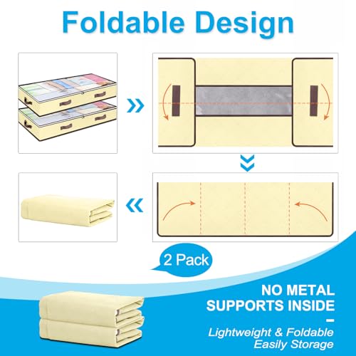 Budding Joy 6 Pack 90L Under bed Storage Containers Organizer Large Capacity Underbed Clothes Storage Bins Organization and Storage Bedroom Foldable Storage Bags with Clear Window Beige