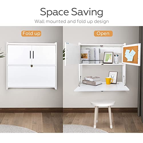 Yusing Floating Desk, Wall Mounted Computer Desk Workstation With Storage Compartments & Cork Board For Home, Office(White) #TOP4