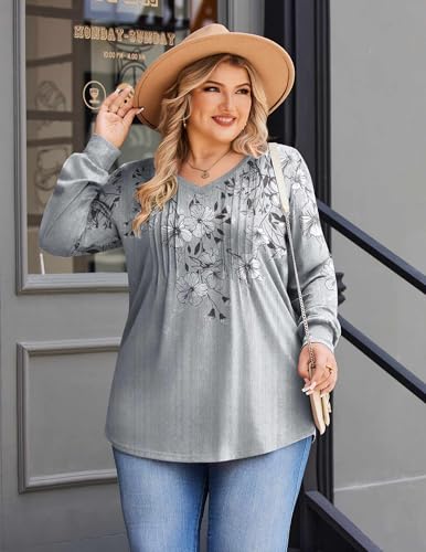 Image of IN'VOLAND Womens Plus Size Shirts V Neck Puff Long Sleeve Tops