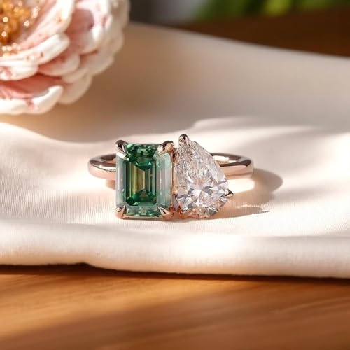 Toi Et Moi Ring for Women | 2 Stone Engagement Ring with Emerald-Cut Green & Pear-Shaped White Simulated Diamond | 2.5 Carat Gemstone | 18K Gold Plated Promise Ring | Unique Statement Jewelry Gift4