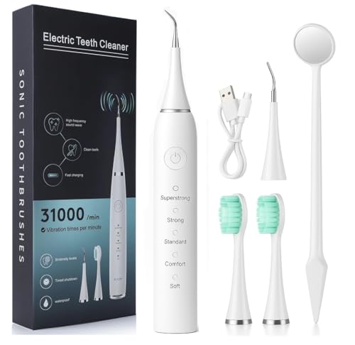 Kit de limpieza de dientes y cepillo eléctrico – Eliminador de sarro con 2 cabezales de cepillos eléctricos + 1 cabezal eliminador de sarro – Higiene dental para casa – Recargable y portátil