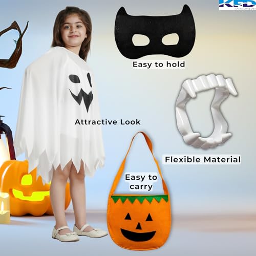 Image of Kaku Fancy Dresses Polyester Halloween White Robe /Cloak With Teeth, Mask & Basket Combo Fancy Dress Halloween Costume For Kids, 7-8 Years