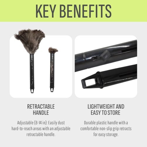 Image of Retractable Feather Duster 8-14 in Adjustable - Natural Ostrich Feather Duster for Cleaning Ceiling Fans, Blinds, Plantation Shutters, Walls & Furniture - Quality Checked in USA - 1 Pack