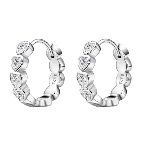 Heart Hoop Earrings with White Cubic Zirconia Sterling Silver Love Heart Huggie Earrings Cartilage Tiny Cute Small Huggie Hoops Hypoallergenic for Sensitive Ear for Women Daughter Birthday Anniversary