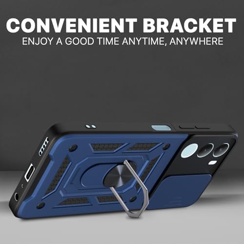 Image of Pikkme Back Cover for Vivo Y29 5G / Vivo Y19s 5G | 360 Protection Case | Sliding Camera Shield Cover & Ring Holder Stand D10 Tough Armor Bumper Case (Blue)