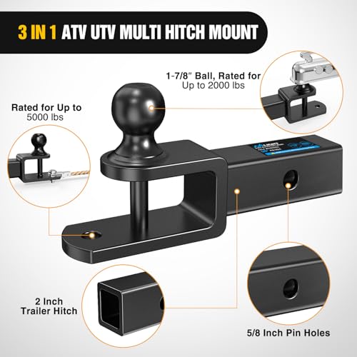 Image of Nilight 3 in 1 ATV UTV Multi Hitch Mount with 2 Inch Receiver 1-7 /8 inch Ball Hitch Rated 2000 LBS Winch Strap Loop Rated 5000 LBS