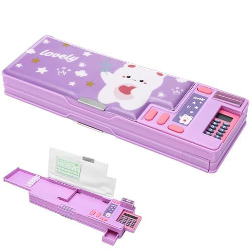 Estuche desplegable para lápices, estuche de dibujos animados con compartimento, organizador multifuncional para bolígrafos, papelería con calculadora, sacapuntas y horario, horario para niños y