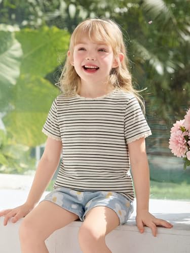 Haloumoning Toddler Baby Girls Striped Short Sleeve T-Shirts Kids Ribbed Knit Ruffle Trim Tops Tees Blouse 9M-8Y Apricot