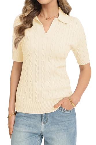 Image of QUALFORT Cable Knit Women's Short Sleeve Sweater Soft V Neck Polo Tops