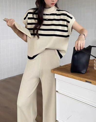 Lucrosun Women's Sweater Sets 2 Piece Sets Striped Knit Pullover Top Wide Leg Pants3