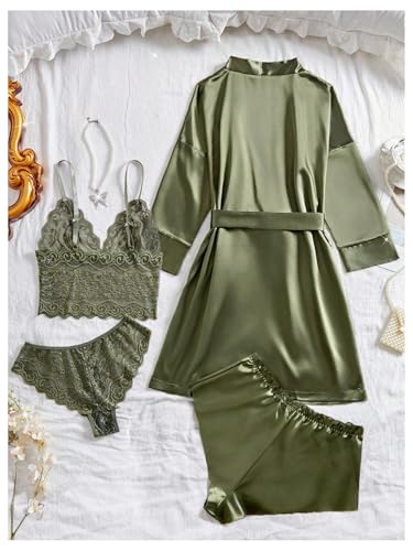 Image of GORGLITTER Women's 5 Piece Floral Print Satin Silk Pajama Set Nightgown Robe Cami Shorts Sleepwear Pj Sets