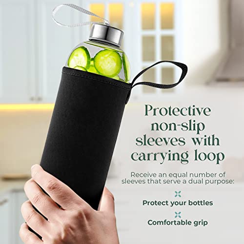 Kitchen Lux 24Oz Glass Water Bottles – Pack Of 6 - Nylon Protective Sleeves, Airtight Screw Top Lids, Portable Carrying Loops - Lead, Pvc And Bpa Free - Water, Smoothie, Juicer, And Beverage Glasses #TOP3
