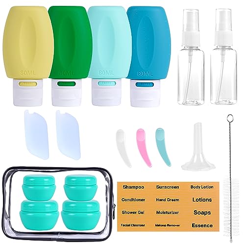 JaneJu Travel Bottles for Toiletries, TSA Approved 19 Pack, 3oz Leak Proof Travel Size Accessories Essentials Kit, Travel Accessories Set Silicone Squeezable Travel Containers for Shampoo Conditioner