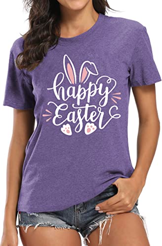 Image of Women Happy Easter T Shirt Bunny Rabbit Graphic T-Shirt Funny Letter Printed Shirts Short Sleeve Tops