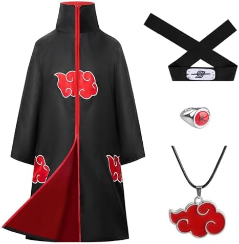 PATPAT Uchiha Itachi Anime Cosplay Costumes For Women Men 4Pcs Set, Ninja Akatsuki Cloak Long Robe For Adults Teens With Headband, Necklace & Ring For Cosplay Halloween - Size L, Black