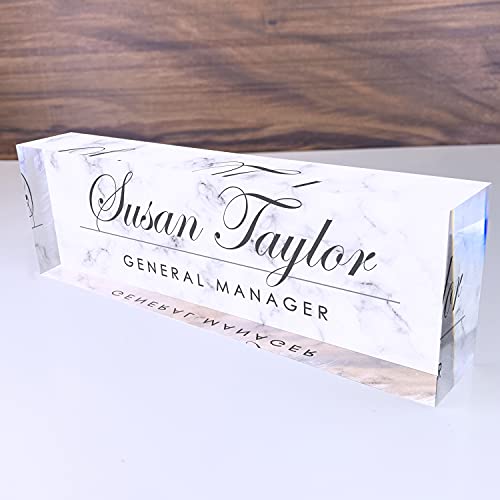 Artblox Personalized Name Plate For Desk | White Marble Design On Clear Acrylic Glass | Custom Plaque Desk Name Plate Personalized Your Name And Credentials Office Office Sign Engraved Plaque