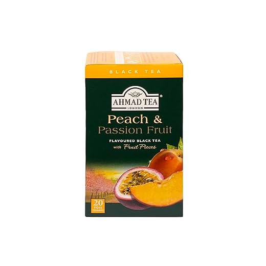 Ahmad Tea – Peach and Passion Fruit | Schwarzer Tee mit Pfirsich- und Passionsfruchtgeschmack | 20 Teebeutel á 2 g | Teebeutel mit Band