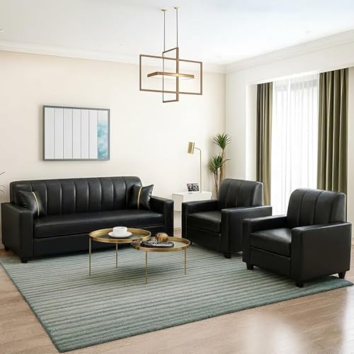 Image of FURNY Cosmos 5 Seater Leatherette 3+1+1 Sofa Set (Black) Premium Leatherette | Durable with Comfort | Ideal for Living Rooms, Offices, Hospitals