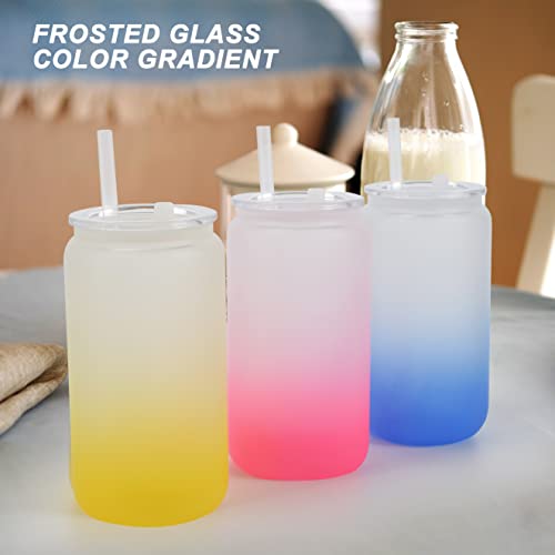 Ofidus Mason Jars With Lids And Straws - 16Oz Large Capacity Sublimation Gradient Frosted Glass Cup, Wide Mouth Glass Tumbler Suitable For Juices Drinks Iced Coffee Smoothie(Gradient Blue) #TOP3