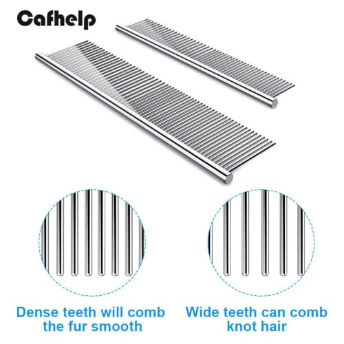 Cafhelp 2 Pack Dog Combs with Rounded Ends Stainless Steel Teeth, Cat Comb for Removing Tangles and Knots, Professional Grooming Tool for Long and Short Haired Dog, Cat and other pets, 6.3IN/7.4IN