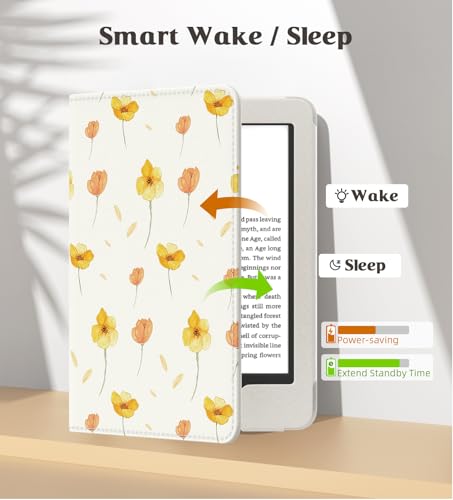 Image of MoKo Case for All-New 6 inch Kindle(11th Generation, 2024 /2022 Release) /(10th /8th Gen, 2019 /2016), Ultra Lightweight PU Shell Cover with Auto Wake /Sleep for Kindle 2024, Flower on White