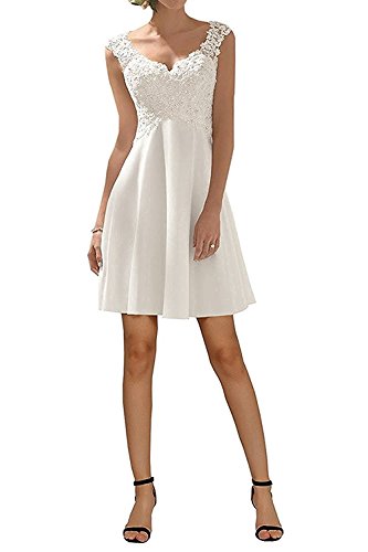 Preisvergleich Produktbild YASIOU Damen Kurz Weiß Spitze A Linie Herzausschnitt Chiffon Hochzeitskleid