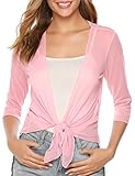 Aiboria Womens 3/4 Sleeve Sheer Mesh Shrug Tie Front Cropped Bolero Cardigan Pink Large