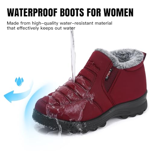 SHIBEVER Winter Boots for Women Snow: Women's Winter Red Ankle Boots Comfortable Size 8 Short Insulated Ladies Low Booties3