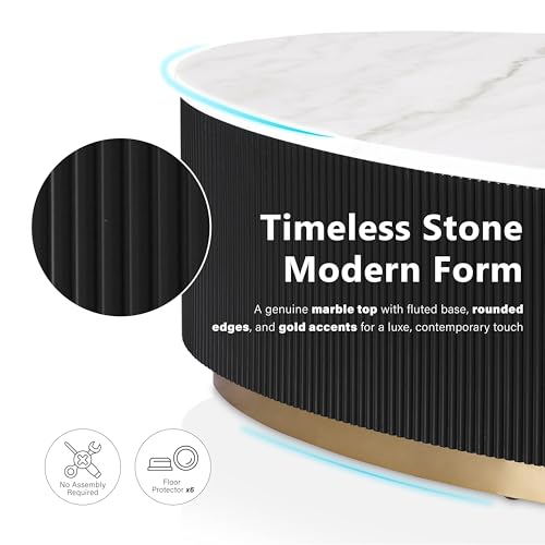 Image of Furniture of America Beryl Modern Oval White Genuine Marble Top Coffee Table with Fluted Pedestal Base and Gold Stainless Steel Accent, Low Profile Table for Living Room, Home Office, Black