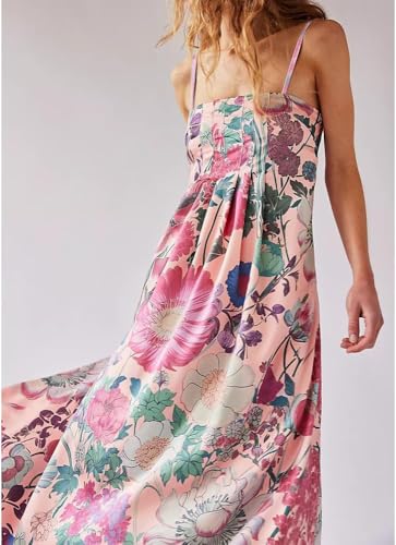 Image of Women Floral Maxi Dress Spaghetti Straps V Neck Lace Patchwork Flowy Tiered Boho Beach Sundress Long Dresses