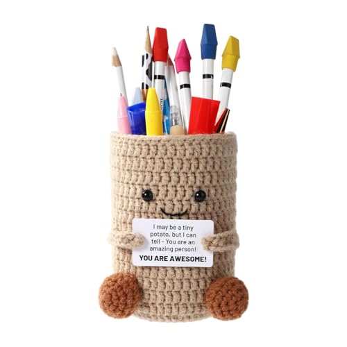 Positive Emotional Potato Pen Holder With Encouraging Message Support Gift Cute Crochet Makeup Brush Container Creative Knitted Toy For Family Friends