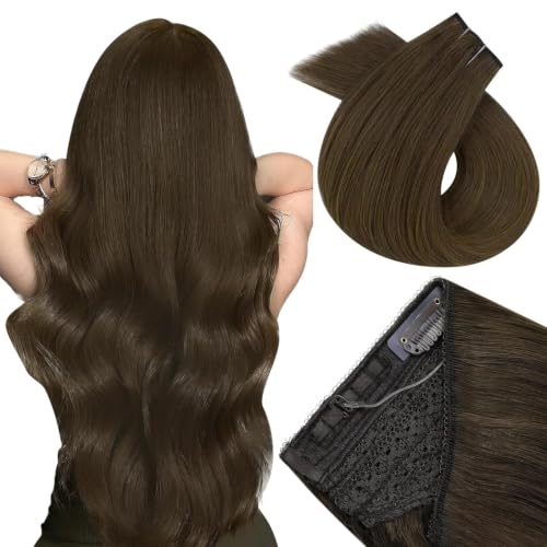 Image of Easyouth Wire Hair Extensions Brown Human Hair Wire Extensions Medium Brown Human Hair Fish Line Extension 80g 18 Inch Invisible Wire Hair Extension Easy to Put on