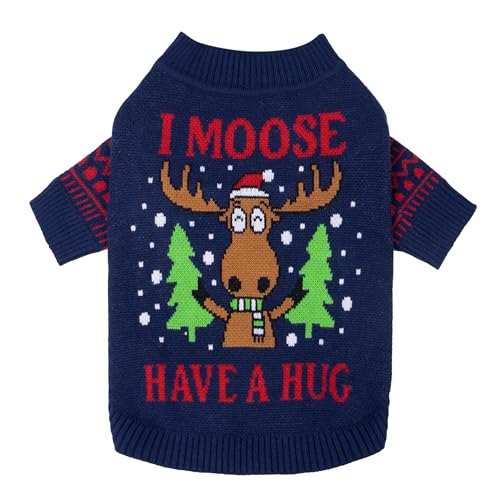 Image of Fitwarm Funny Moose Dog Ugly Christmas Sweater, Winter Dog Clothes for Small Dogs Girl Boy, Pet Xmas Outfit, Navy, Large