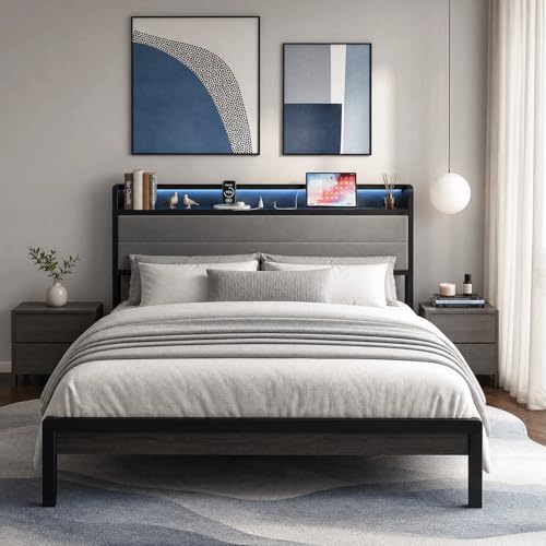 Image of LIKIMIO Queen Bed Frame with Storage Headboard and LED Lights, Metal Platform Bed with Charging Station, Noise Free, No Box Spring Needed, Under Bed Storage, Charcoal Gray