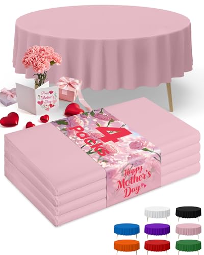 Image of Niuara Pink Plastic Table Cloth - 4 Pack 84 inch Round Disposable Tablecloths for Round Tables, Table Cover for Valentines, Mother's Day, Holiday Parties & Gatherings