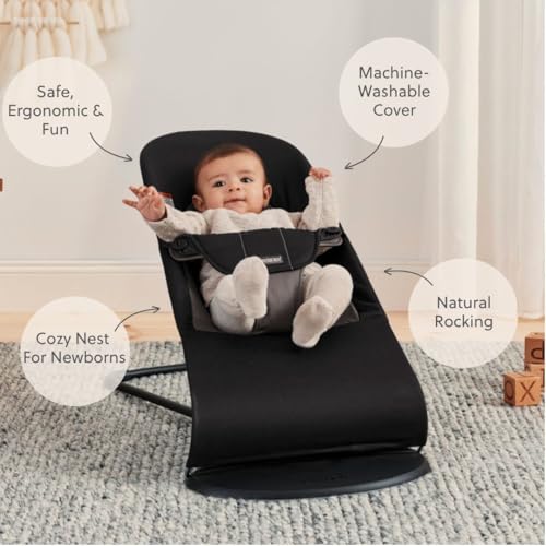Image of BabyBjorn Bouncer Balance Soft, Black /Dark Gray, Woven | 2-in-1 Adjustable Baby Bouncer Seat and Toddler Chair, Newborn to Toddler (8-29 lbs), 4 Positions, Lightweight & Portable
