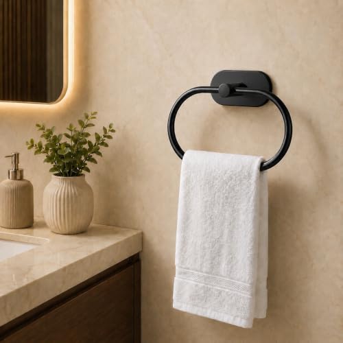 Image of Oslen Premium Black Self Adhesive Towel Ring Holder - No Drill Bathroom Hand Towel Hanger, Heavy Duty Stainless Steel Wall Mount for Kitchen, Wash Basin & Bathroom