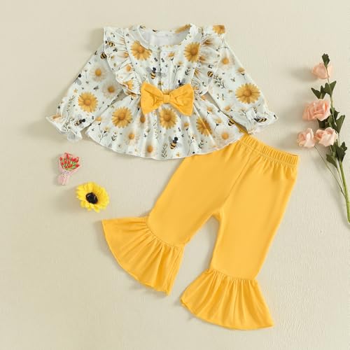 Douhoow Toddler Girl Fall Outfits Flower Long Sleeve Baby Girl Dress Elastic Waist Flare Pants Girls Fesival Clothes2