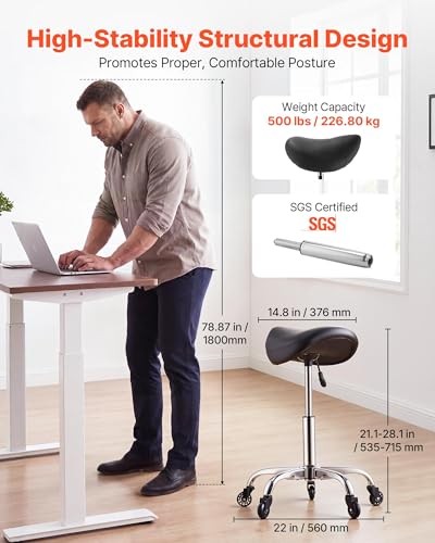 Image of VEVOR Saddle Stool with Wheels, 500 lbs Weight Capacity, Height Adjustable, Quiet Casters, Ergonomic PU Leather Seat, 360 Swivel Saddle Stool Rolling Chair for Salon, Spa, Bar, Home, Medical, Black