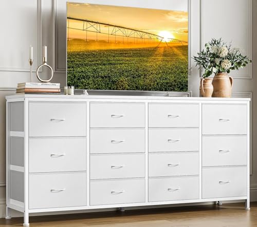 Garvee Commode, 160cm Commode de Chambre à Coucher 14 Tiroirs en Tissu, Meuble TV, Téléviseur, Meuble de Rangement pour Chambre d'enfants,Chambre à Coucher, Armoire, Salon, Couloir (Brun) (Blanc)