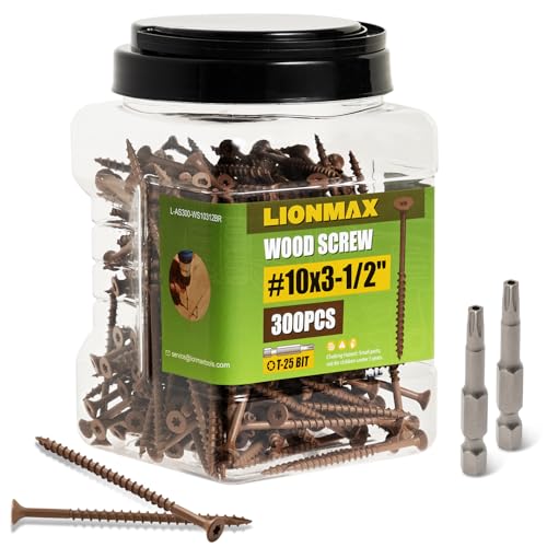 Image of LIONMAX Wood Screws 3-1 /2 Inch, Deck Screws #10 x 3-1 /2 inch, 300 PCS, Rust Resistant, Epoxy Coated, Exterior Wood Screw, Outdoor Decking Screws, Torx /Star Drive Head, T25 Star Bit Included, Brown