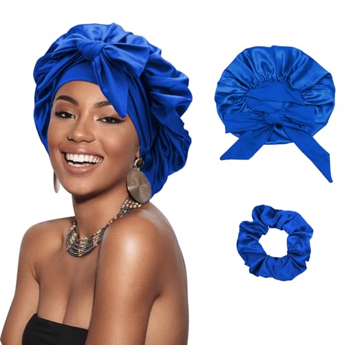 DRESHOW Satin Braid Bonnet for Women Silk Bonnet for Sleeping Sleep Cap with Elastic Tie Band Night Cap for Long Curly Hair Locs