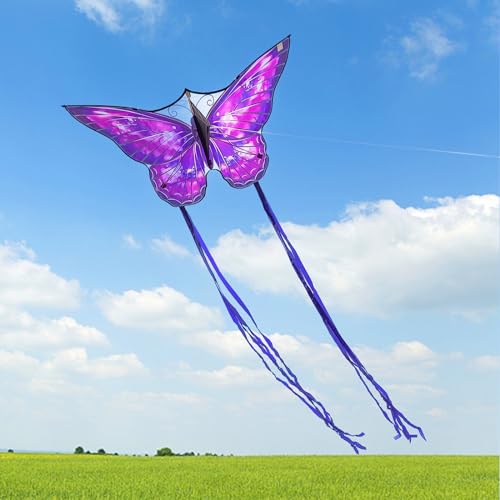 Mint's Colorful Life Butterfly Kite for Kids & Adults, Easy to Fly Kite for Beach, Large Single Line Kite with Long Tail &300ft Kite String (Purple)